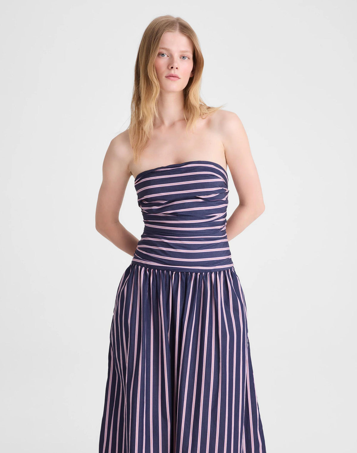 Madewell Strapless Ruched Midi Dress in Poplin Classic Indigo