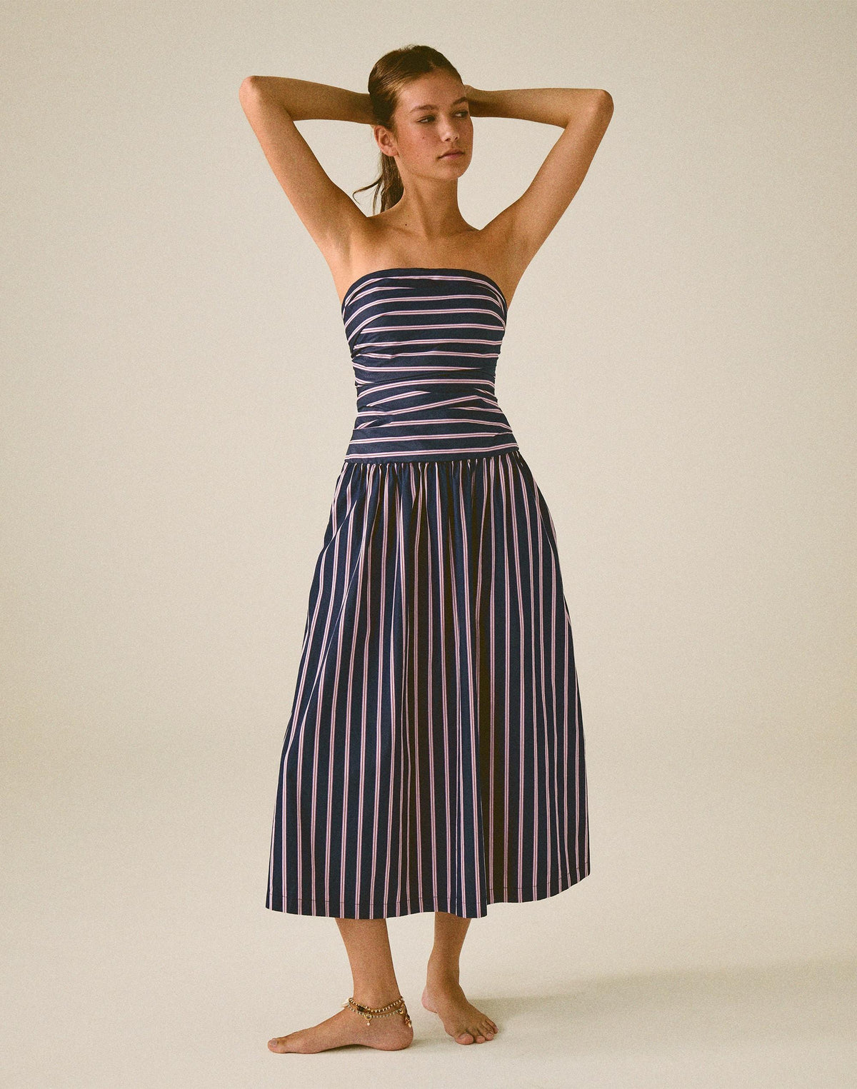Madewell Strapless Ruched Midi Dress in Poplin Classic Indigo