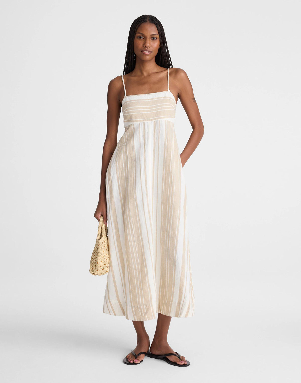 Madewell Empire-Waist Midi Dress in 100% Linen Khaki White Stripe