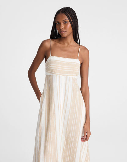 Madewell Empire-Waist Midi Dress in 100% Linen Khaki White Stripe