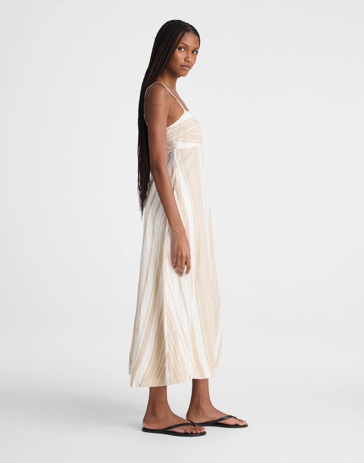 Madewell Empire-Waist Midi Dress in 100% Linen Khaki White Stripe