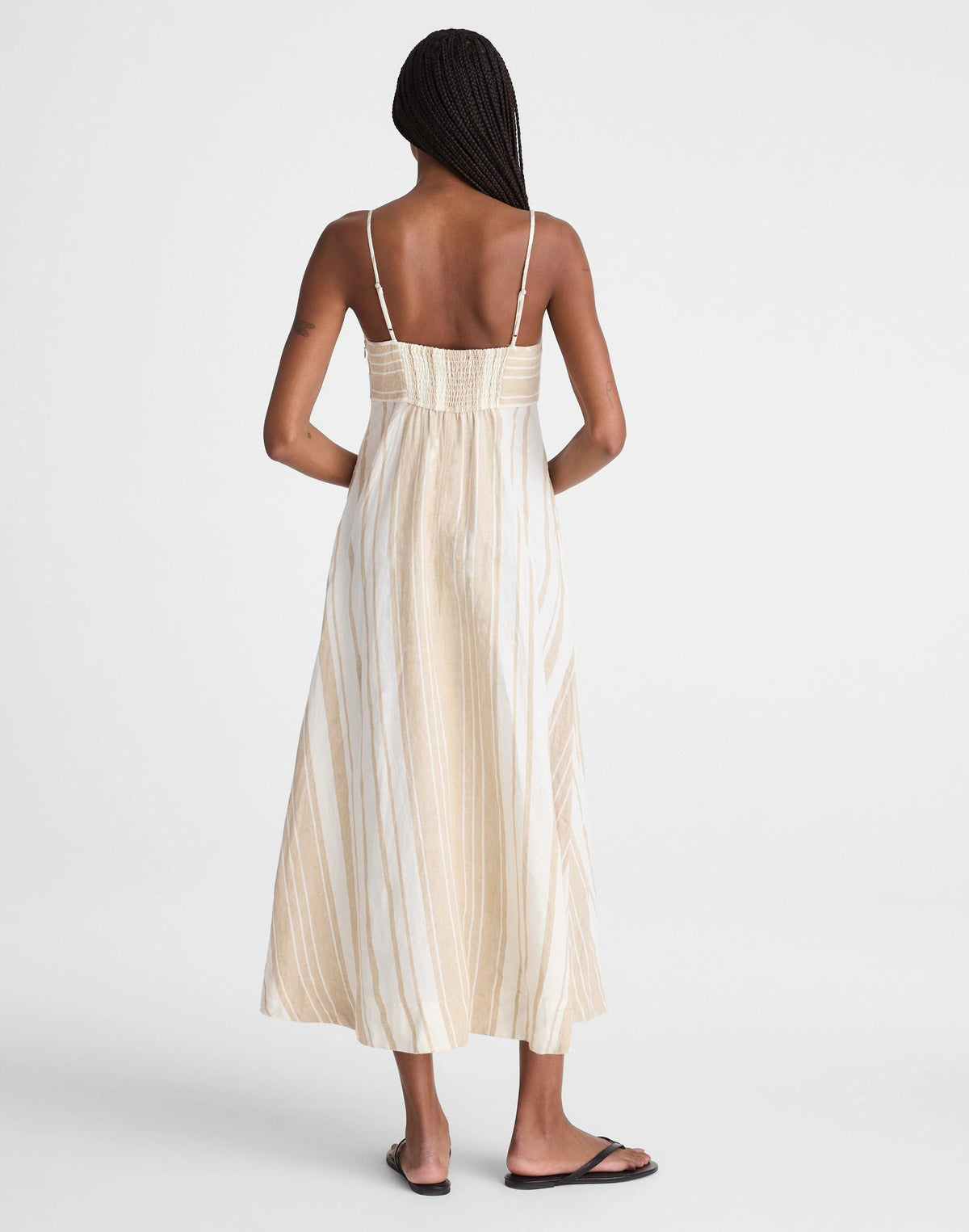 Madewell Empire-Waist Midi Dress in 100% Linen Khaki White Stripe