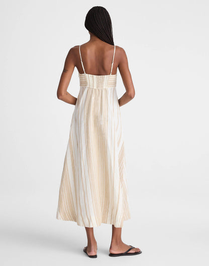 Madewell Empire-Waist Midi Dress in 100% Linen Khaki White Stripe