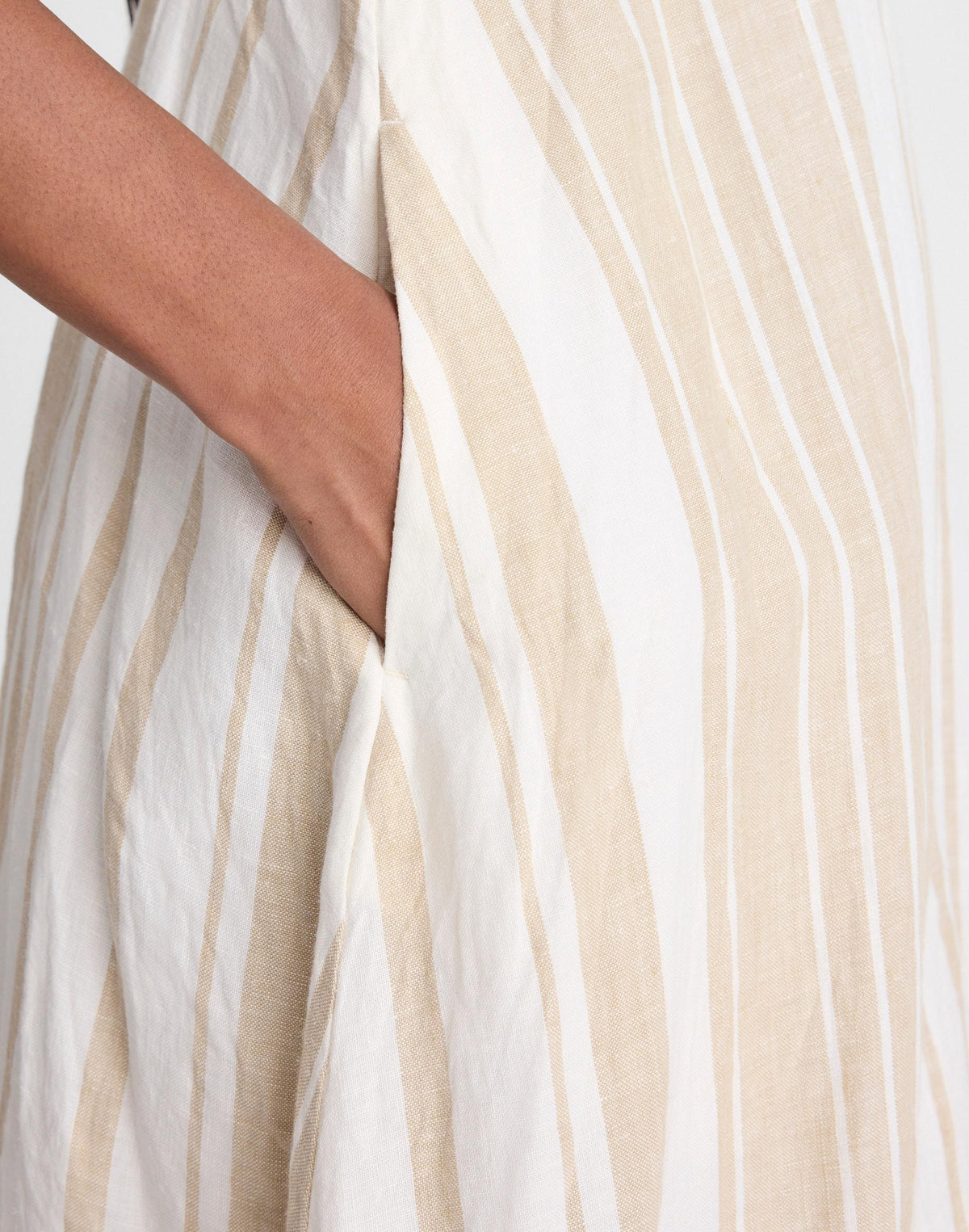 Madewell Empire-Waist Midi Dress in 100% Linen Khaki White Stripe