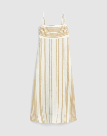 Madewell Empire-Waist Midi Dress in 100% Linen Khaki White Stripe