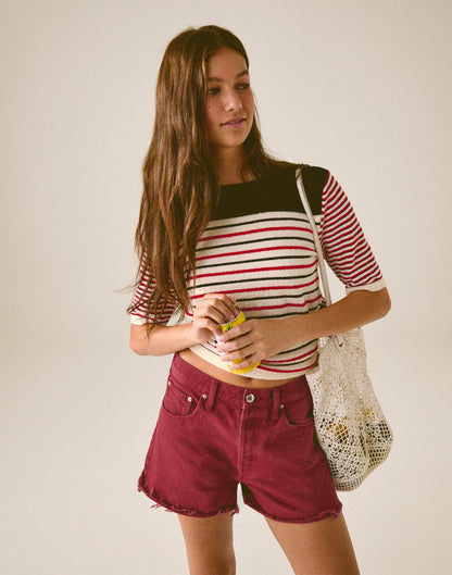 Madewell Bouclé-Knit Sweater Tee Red And Navy Multi Stripe