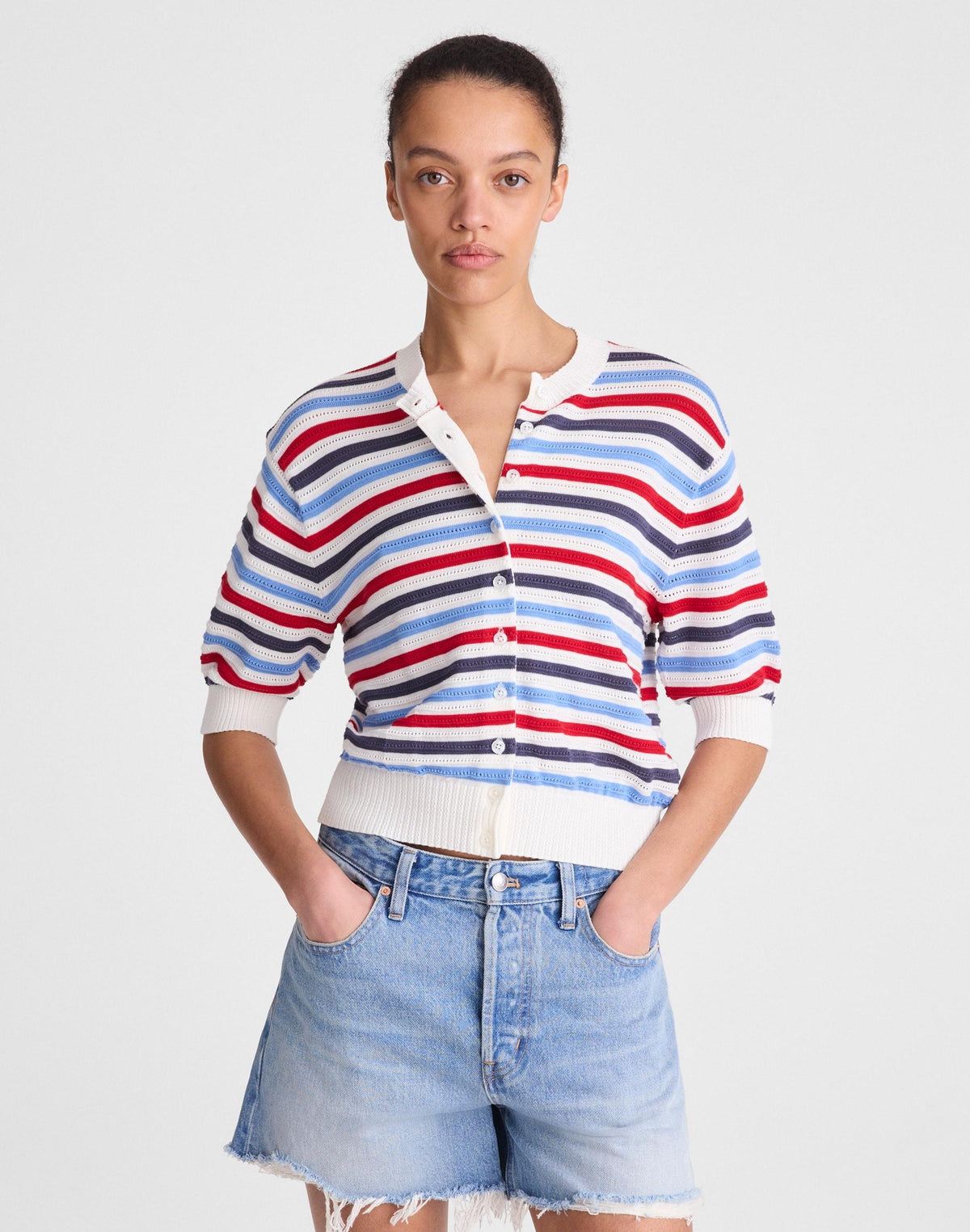Madewell Textured Short-Sleeve Cardigan in 100% Cotton Ivory Pop Color Multi Stripe