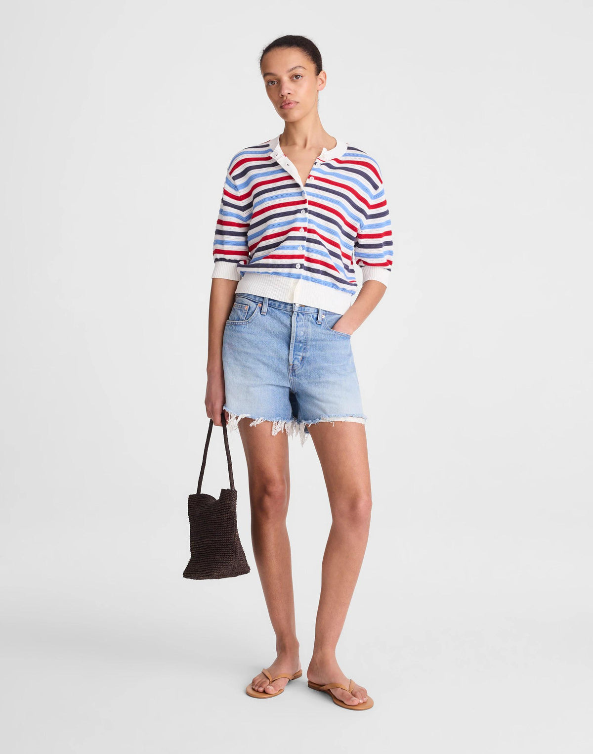 Madewell Textured Short-Sleeve Cardigan in 100% Cotton Ivory Pop Color Multi Stripe