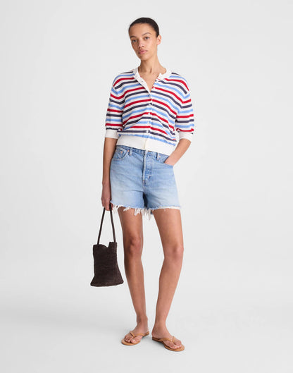 Madewell Textured Short-Sleeve Cardigan in 100% Cotton Ivory Pop Color Multi Stripe