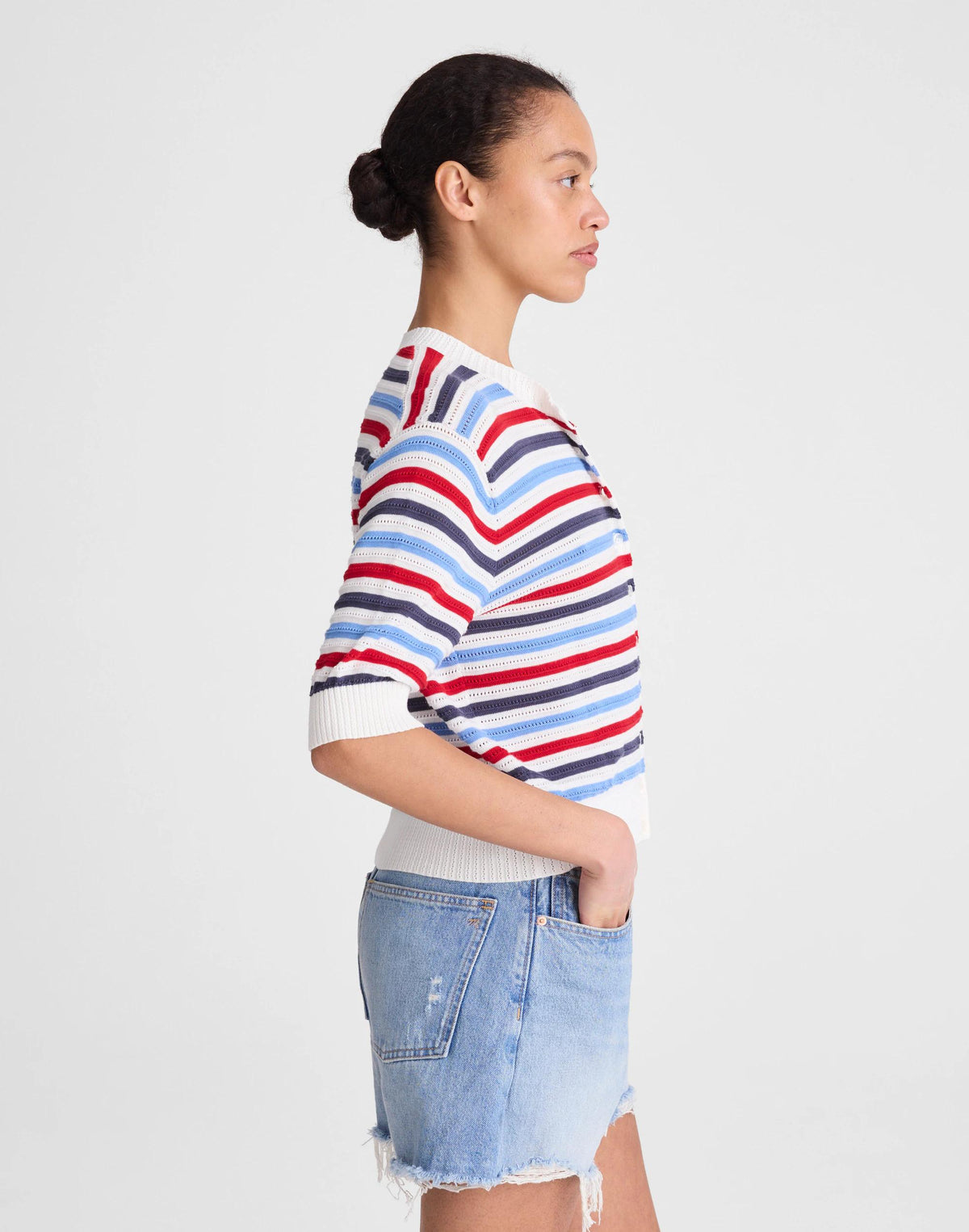 Madewell Textured Short-Sleeve Cardigan in 100% Cotton Ivory Pop Color Multi Stripe