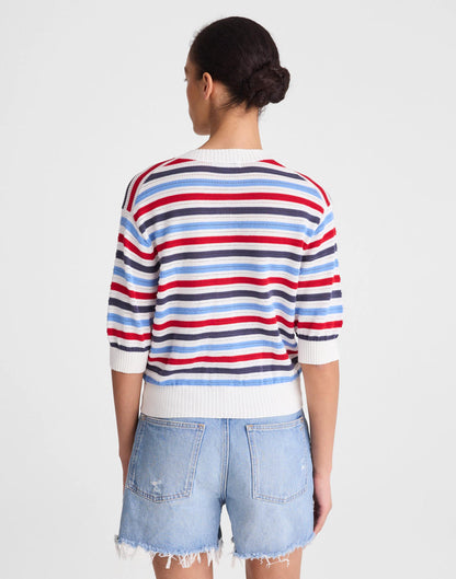 Madewell Textured Short-Sleeve Cardigan in 100% Cotton Ivory Pop Color Multi Stripe