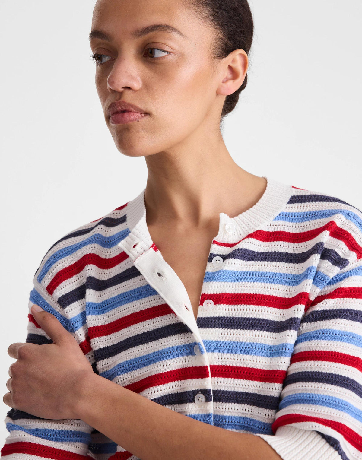 Madewell Textured Short-Sleeve Cardigan in 100% Cotton Ivory Pop Color Multi Stripe