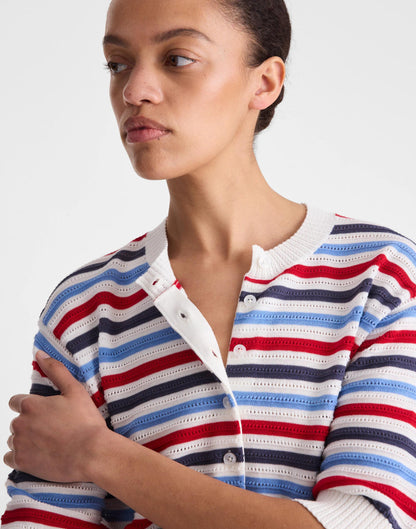 Madewell Textured Short-Sleeve Cardigan in 100% Cotton Ivory Pop Color Multi Stripe