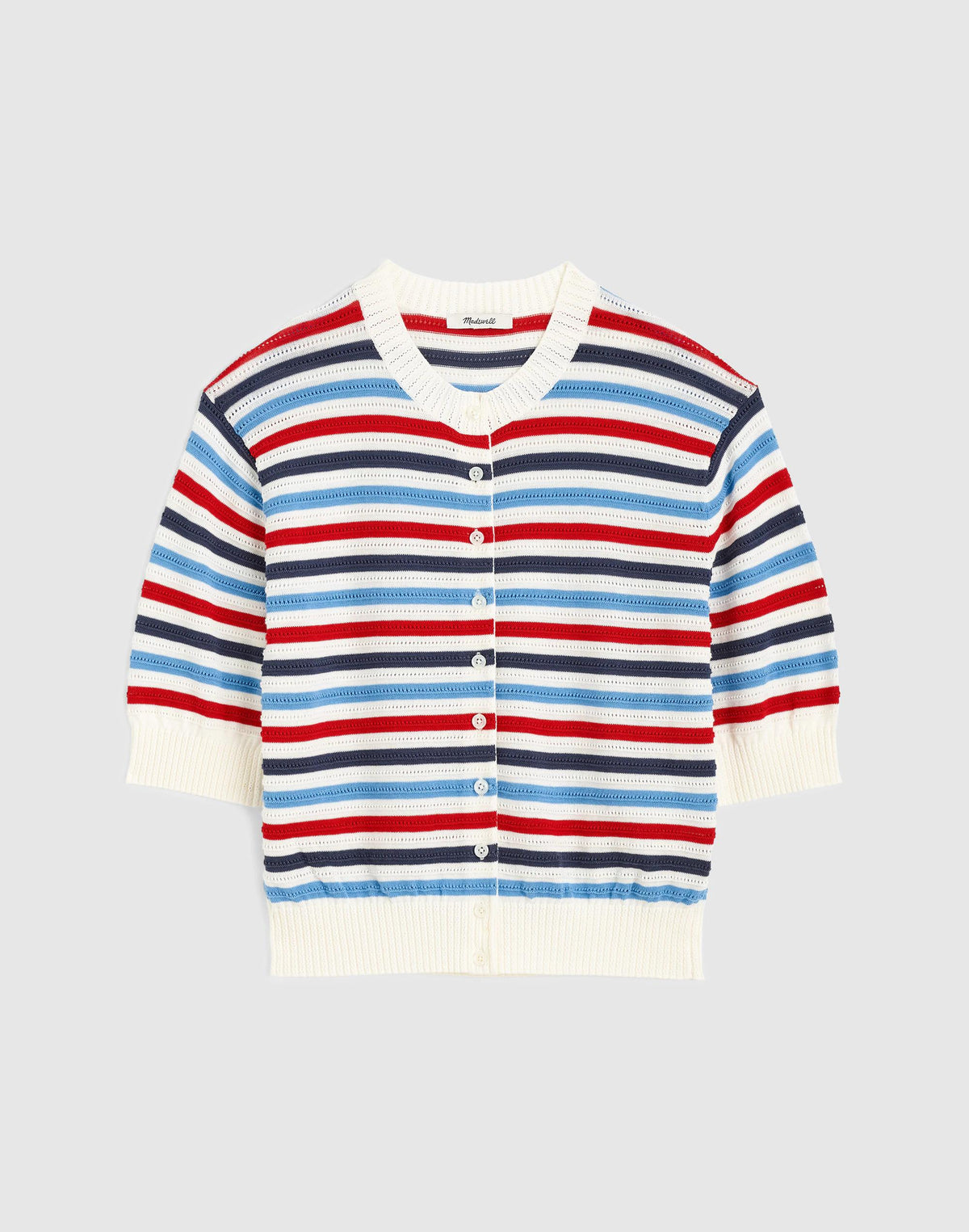 Madewell Textured Short-Sleeve Cardigan in 100% Cotton Ivory Pop Color Multi Stripe