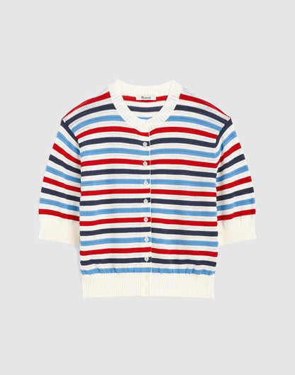 Madewell Textured Short-Sleeve Cardigan in 100% Cotton Ivory Pop Color Multi Stripe