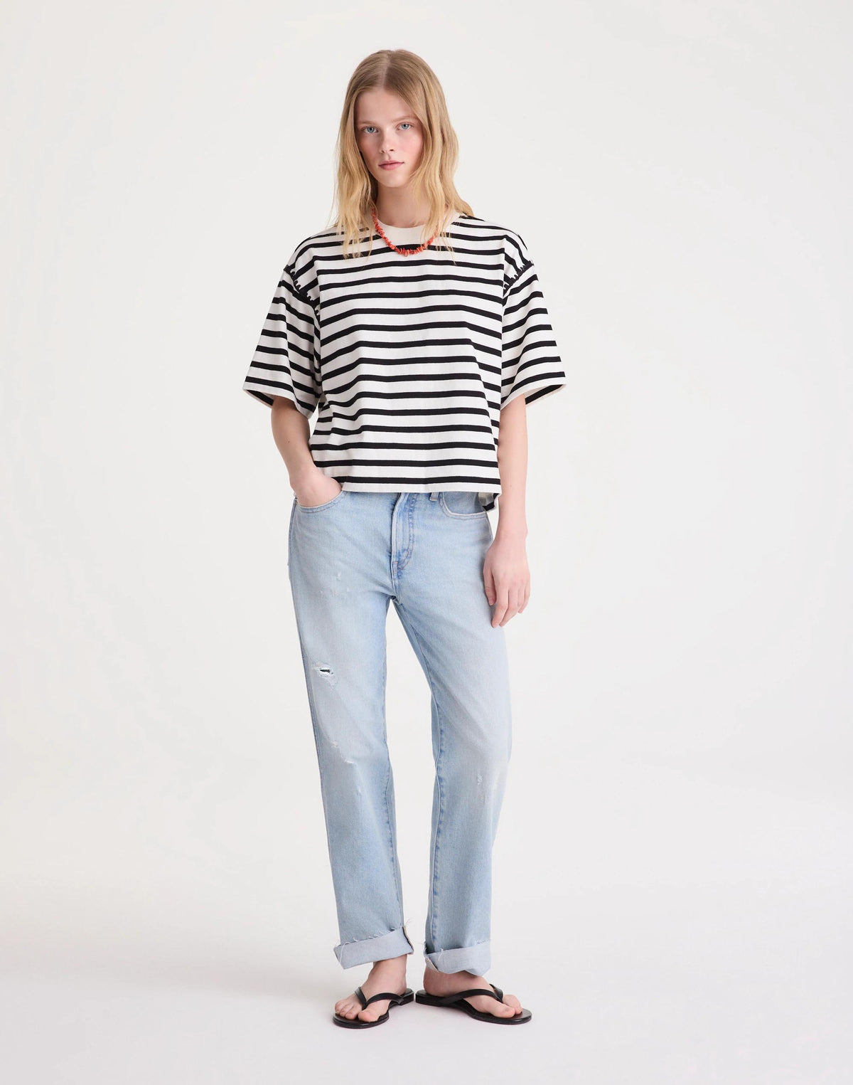 Madewell The Boxy Crop Tee in Allday Jersey Black To White Stripe