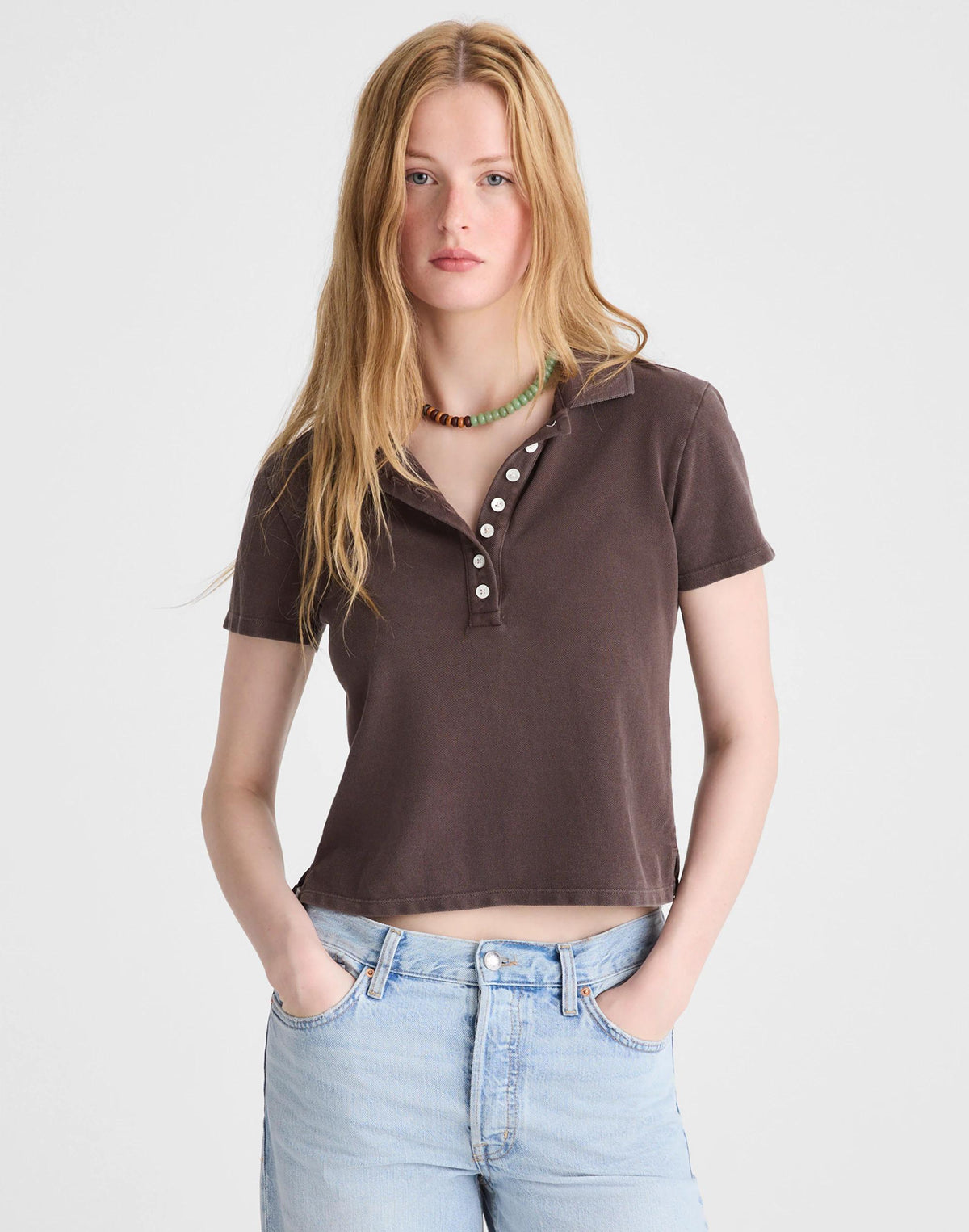 Madewell Shrunken Polo in Cotton Pique Dark Brown
