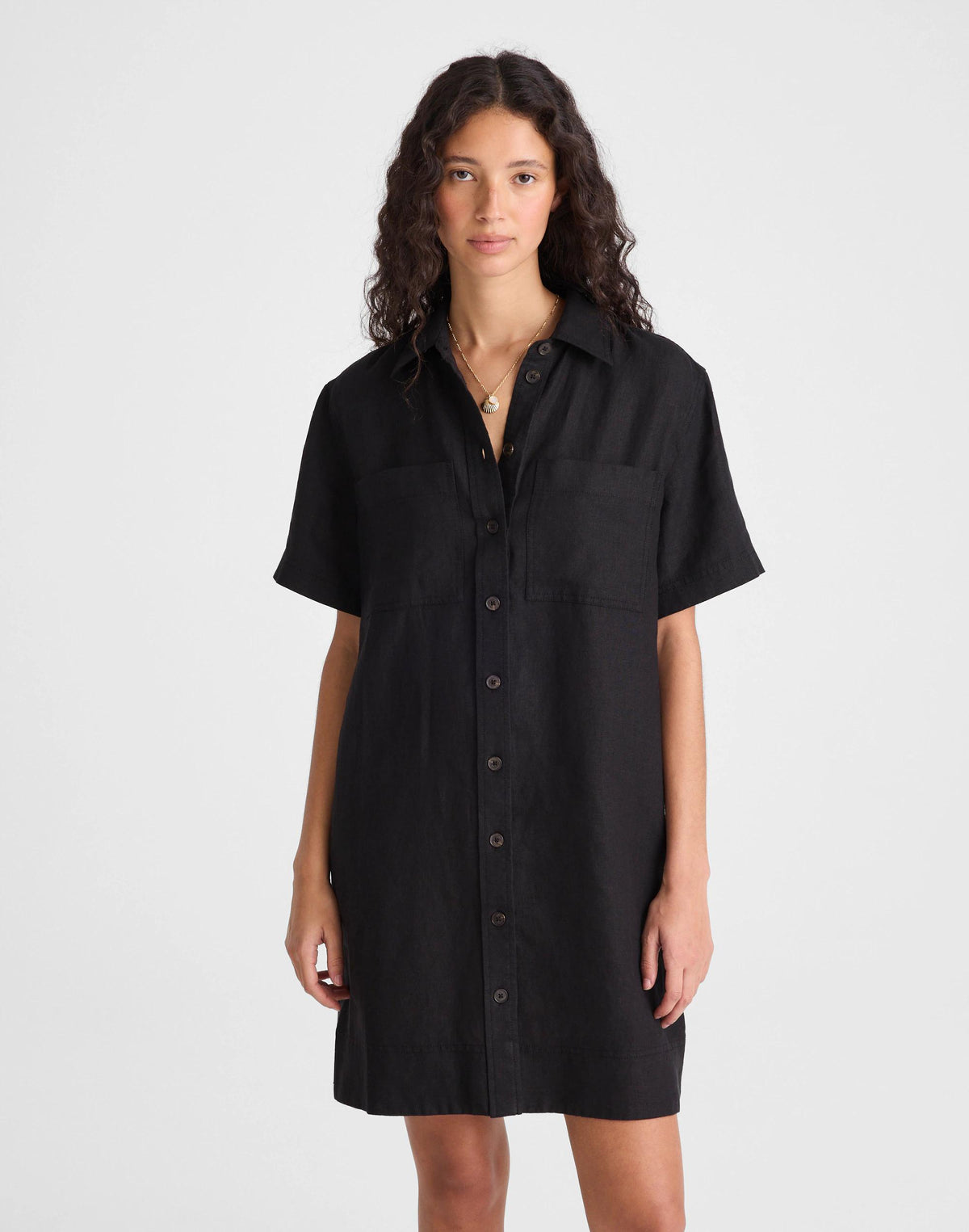 Madewell Relaxed Mini Shirtdress in 100% Linen Jet Black