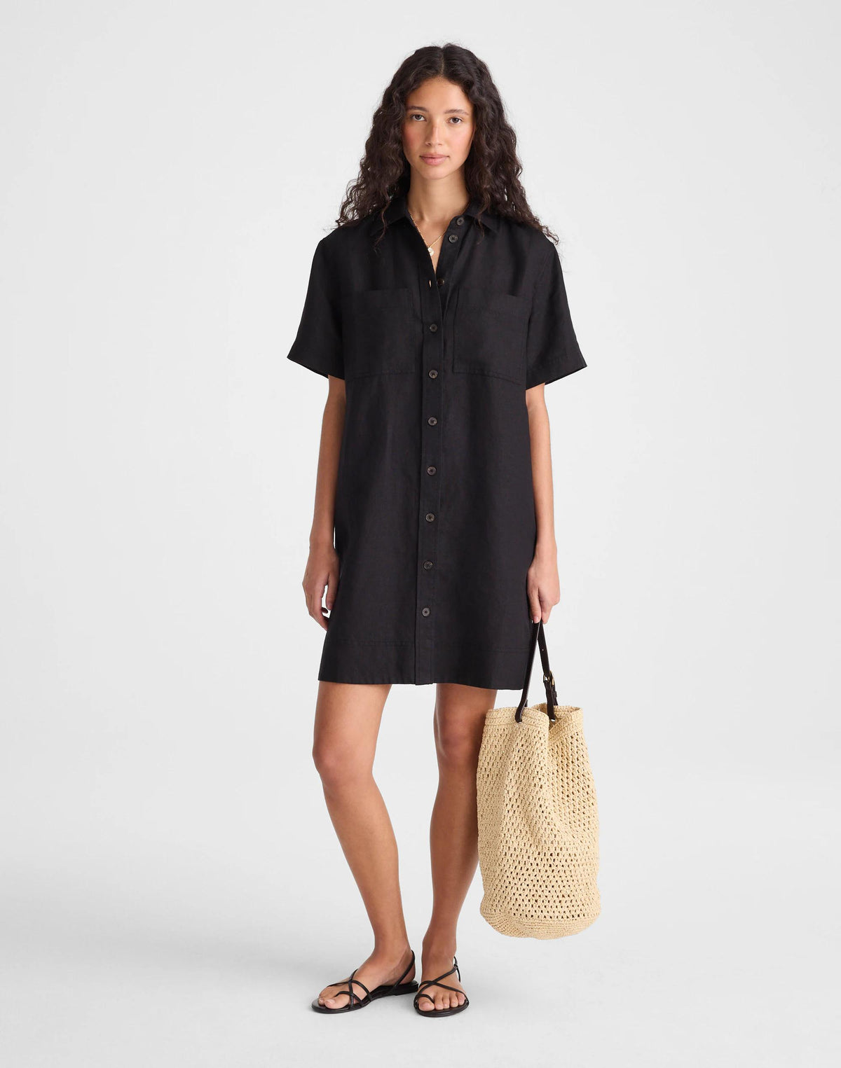 Madewell Relaxed Mini Shirtdress in 100% Linen Jet Black