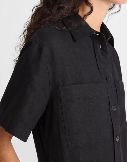 Madewell Relaxed Mini Shirtdress in 100% Linen Jet Black