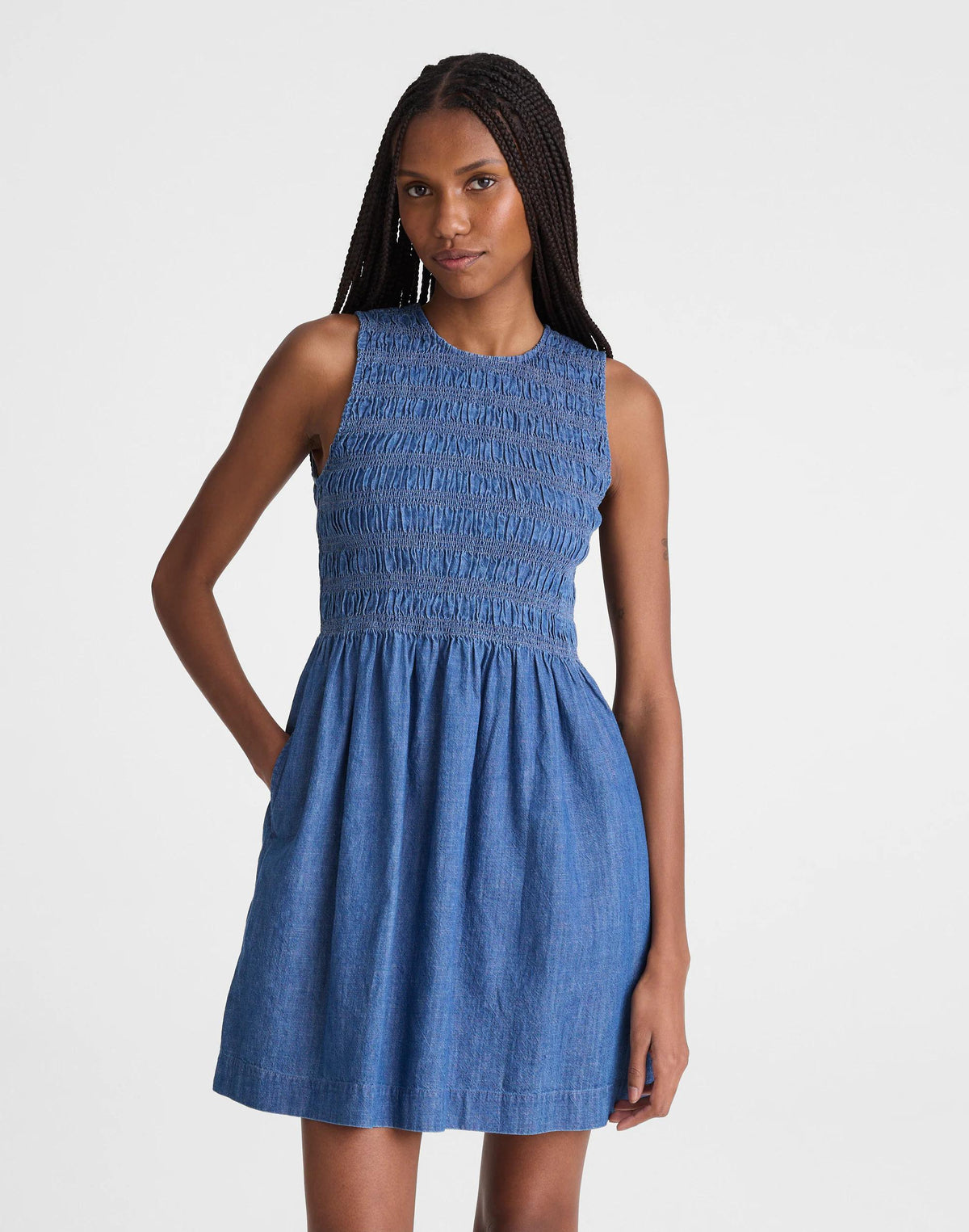 Madewell The Denim Melody Smocked Mini Dress Cove Wash