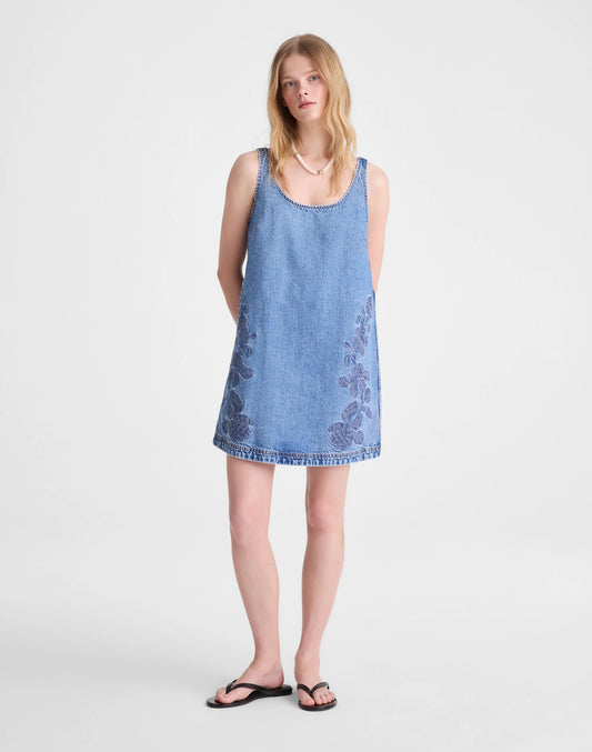 Madewell Denim Embroidered Mini Dress Worn Mid Indigo