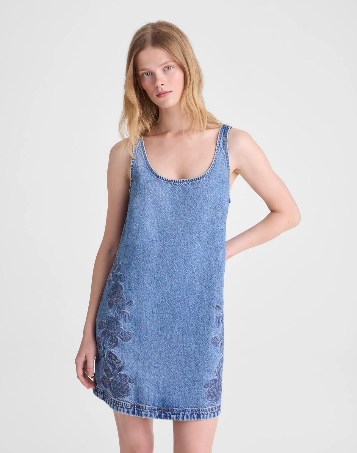 Madewell Denim Embroidered Mini Dress Worn Mid Indigo