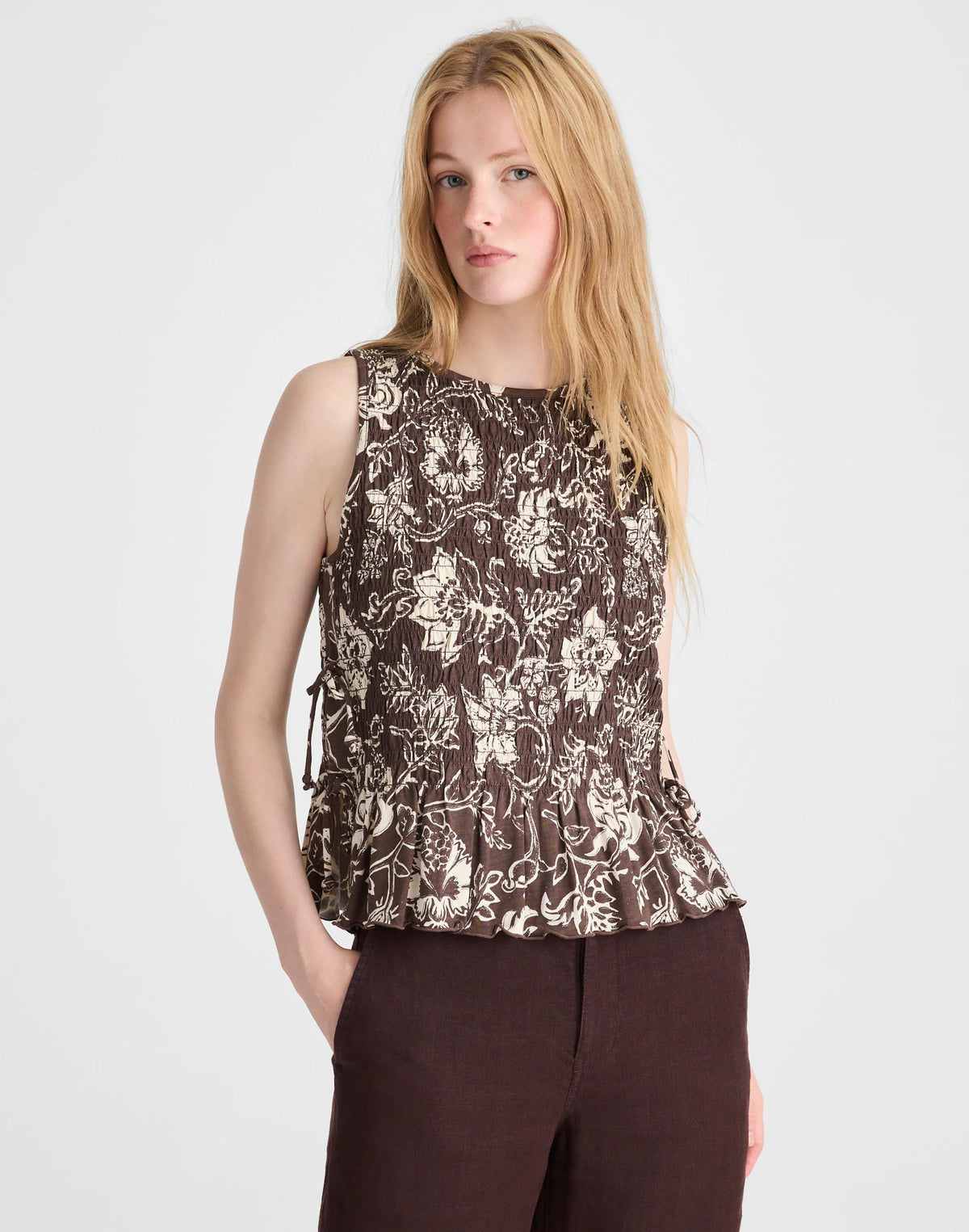 Madewell Side-Tie Smocked Tank Dark Brown