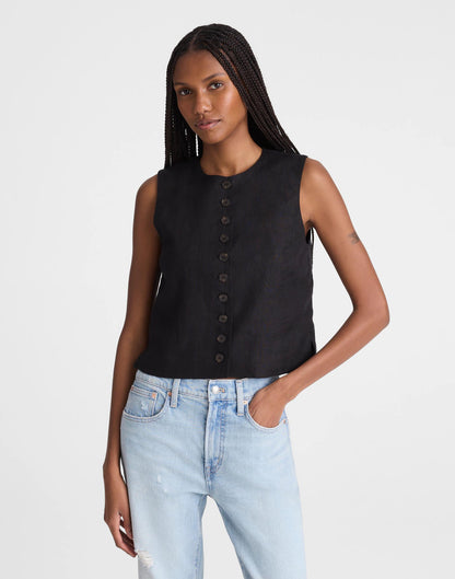 Madewell Button-Front Shell Top in 100% Linen Jet Black