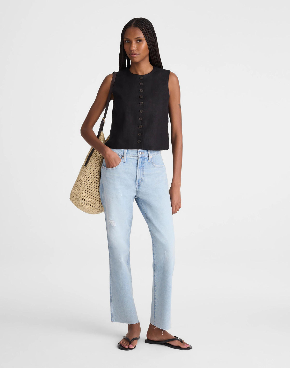 Madewell Button-Front Shell Top in 100% Linen Jet Black