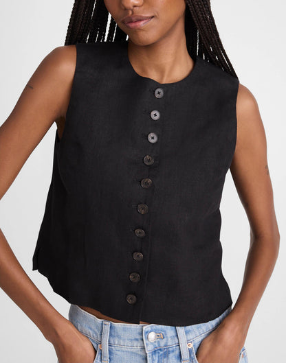 Madewell Button-Front Shell Top in 100% Linen Jet Black
