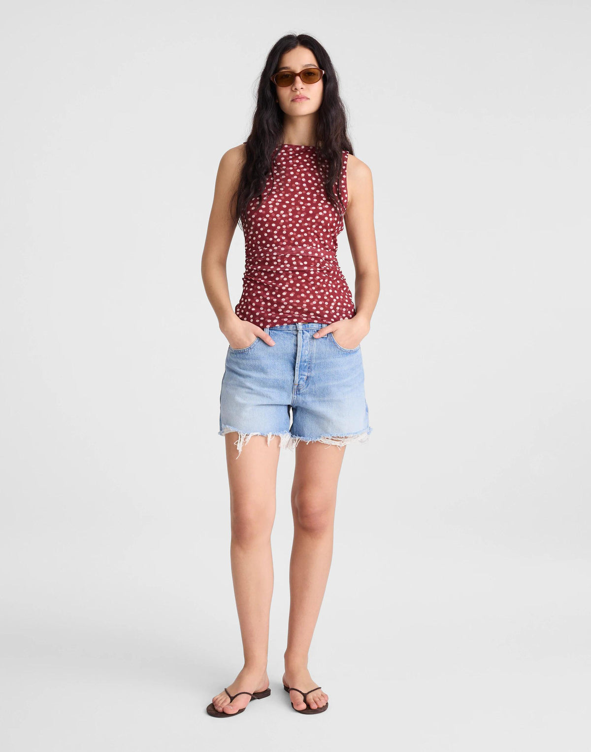 Madewell Cinched Double-Layered Mesh Top Red Currant