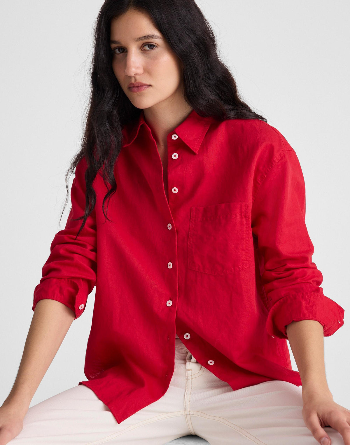 Madewell The Easy Shirt in Linen Blend Varsity Red