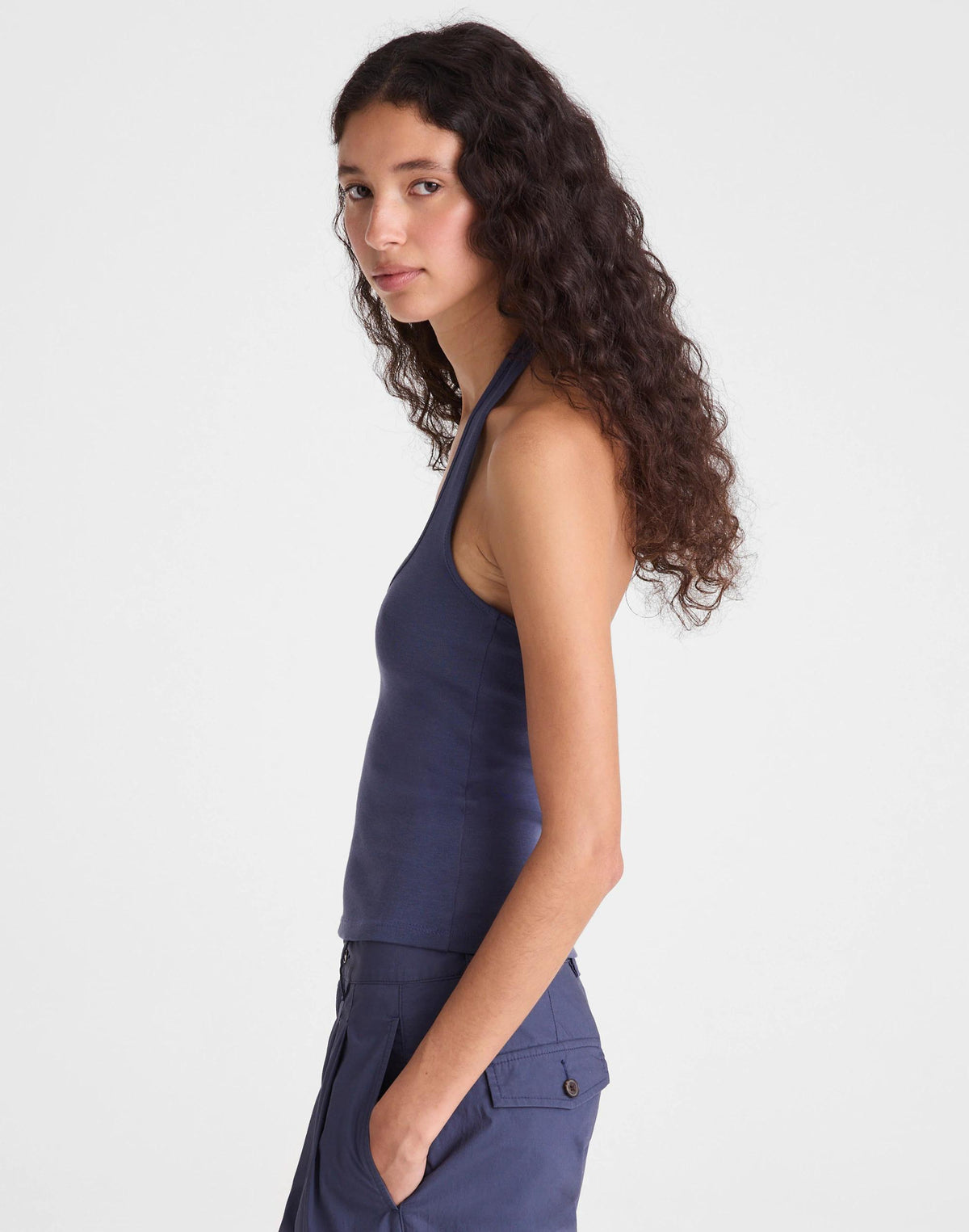 Madewell The '90s Halter Top in Compact Cotton Petrol Navy