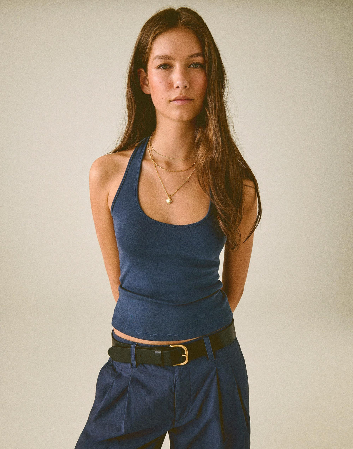 Madewell The '90s Halter Top in Compact Cotton Petrol Navy