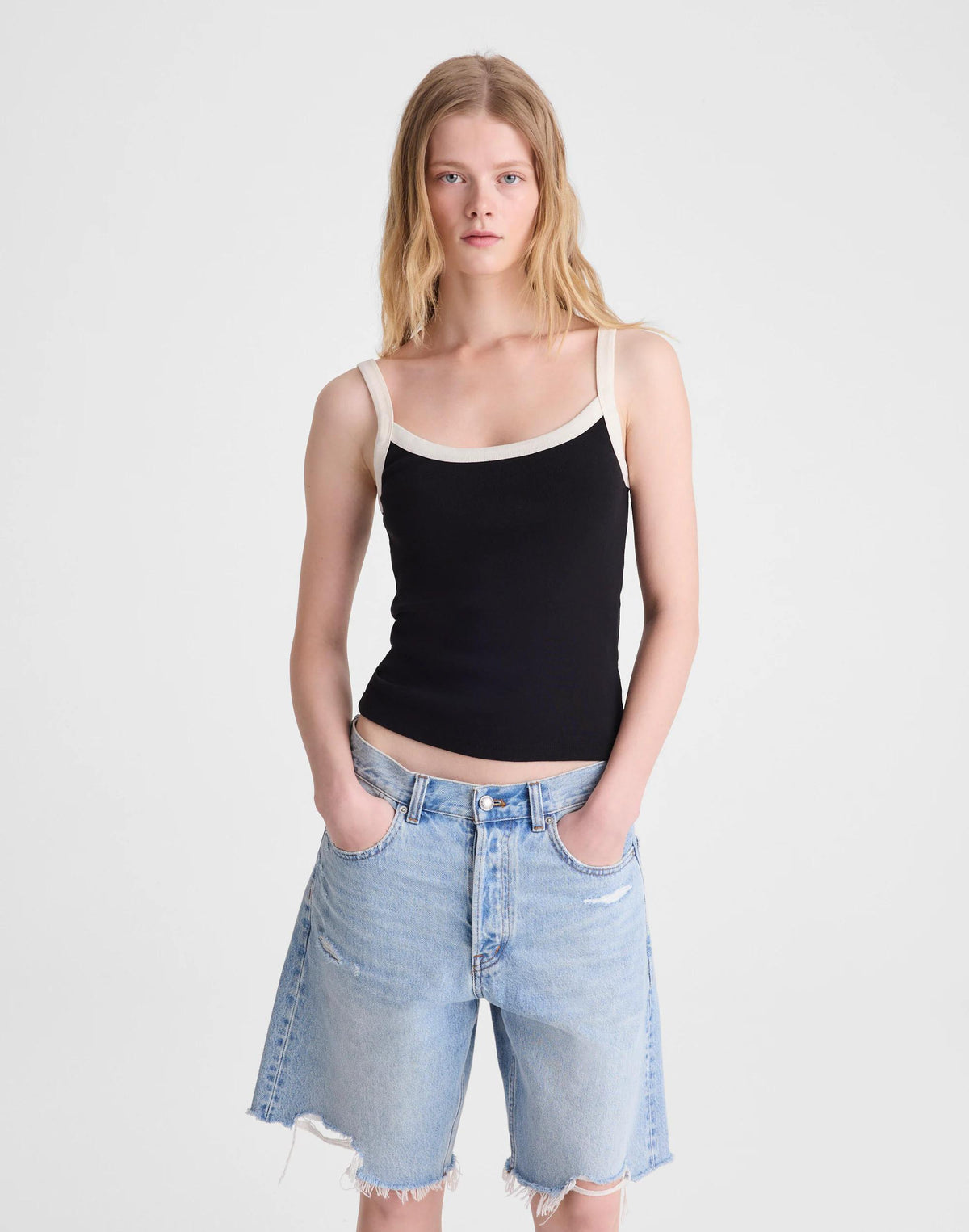 Madewell The '90s Cami in Compact Cotton Colorblock Black Ivory