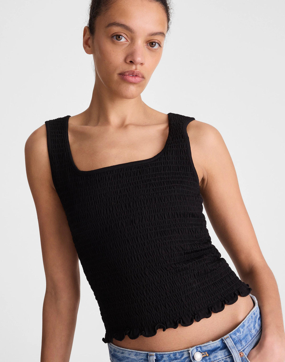 Madewell Smocked Scoopneck Tank Jet Black