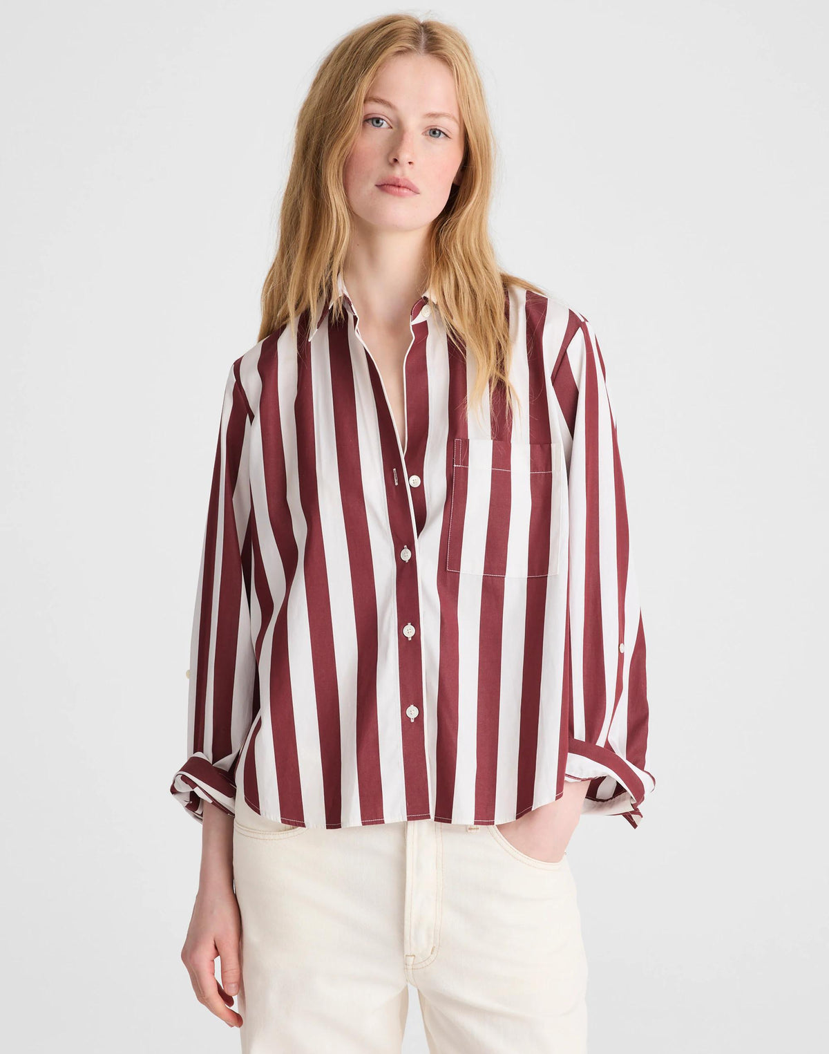 Madewell The Signature Y-Neck Shirt in Poplin Dusty Merlot