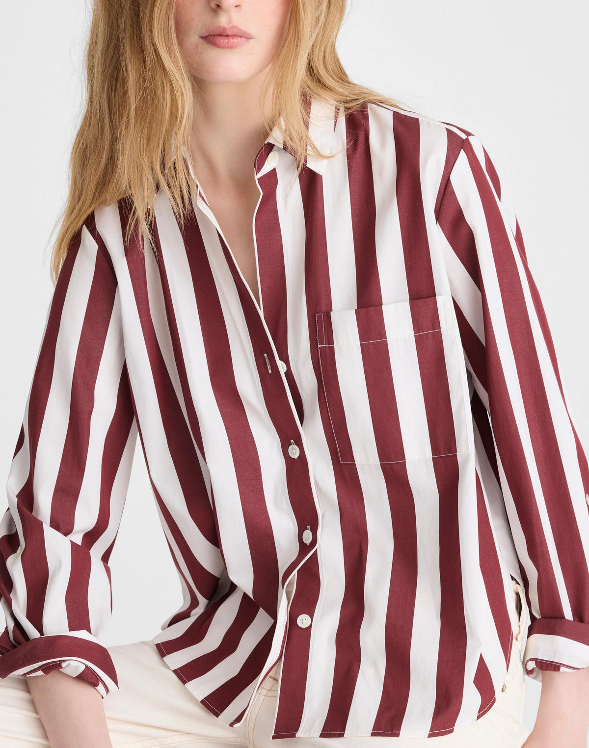 Madewell The Signature Y-Neck Shirt in Poplin Dusty Merlot