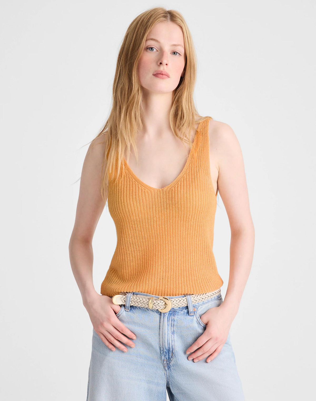 Madewell V-Neck Tank in 100% Linen Apricot Blush