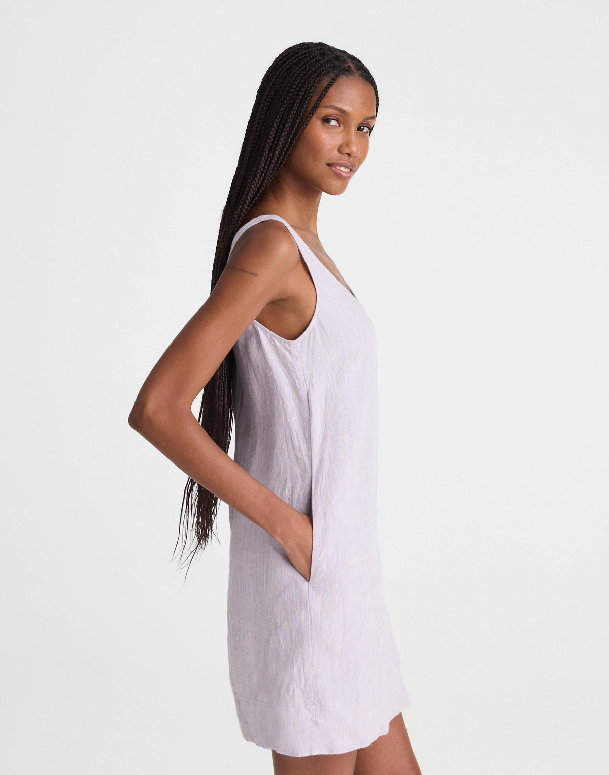 Madewell Scoopneck Mini Shift Dress in 100% Linen Lilac Chambray