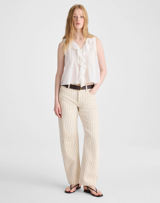 Madewell The Darted Barrel-Leg Jean in Airy Denim Khaki Sand Stripe