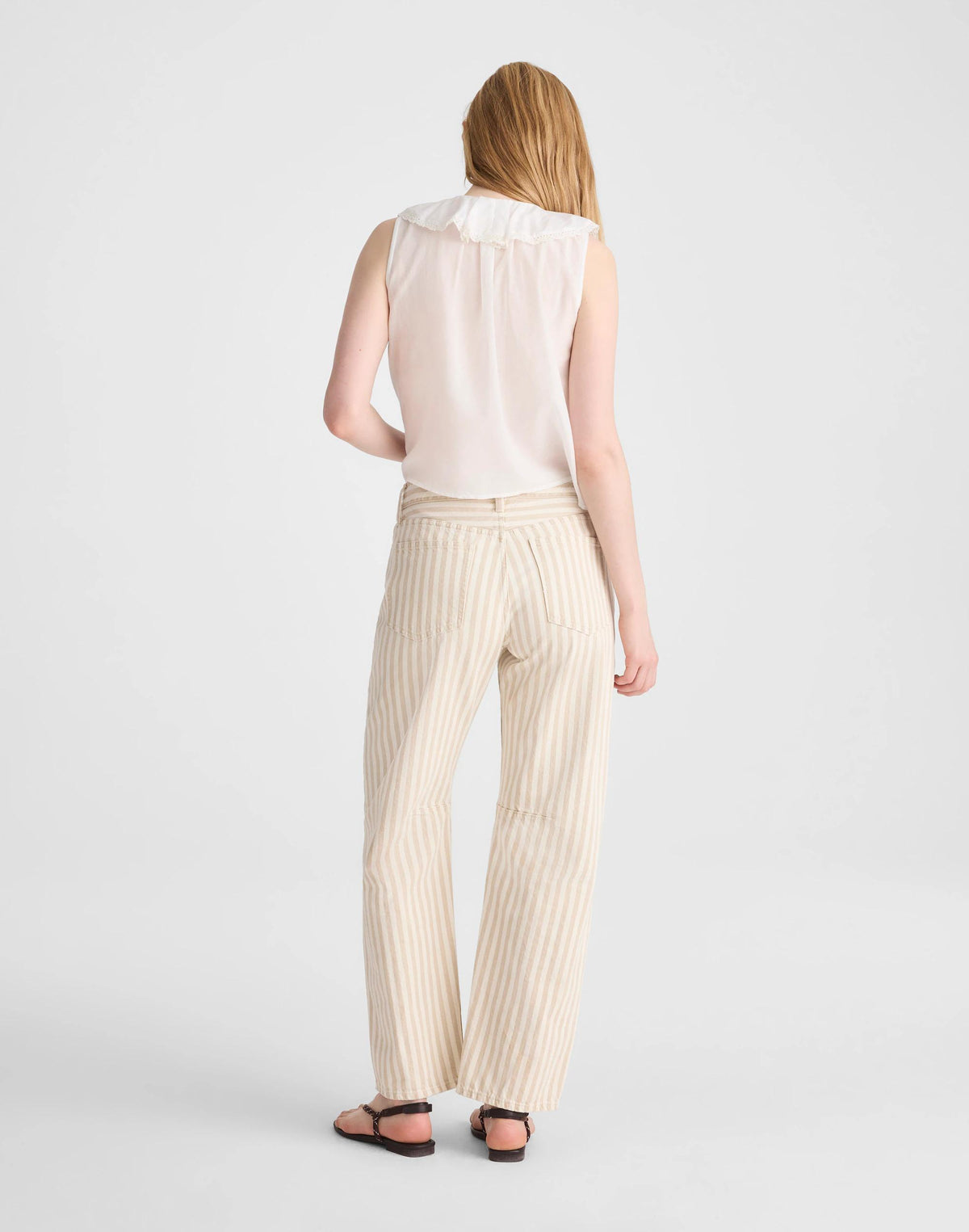 Madewell The Darted Barrel-Leg Jean in Airy Denim Khaki Sand Stripe
