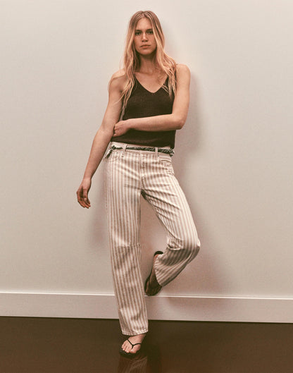 Madewell The Darted Barrel-Leg Jean in Airy Denim Khaki Sand Stripe