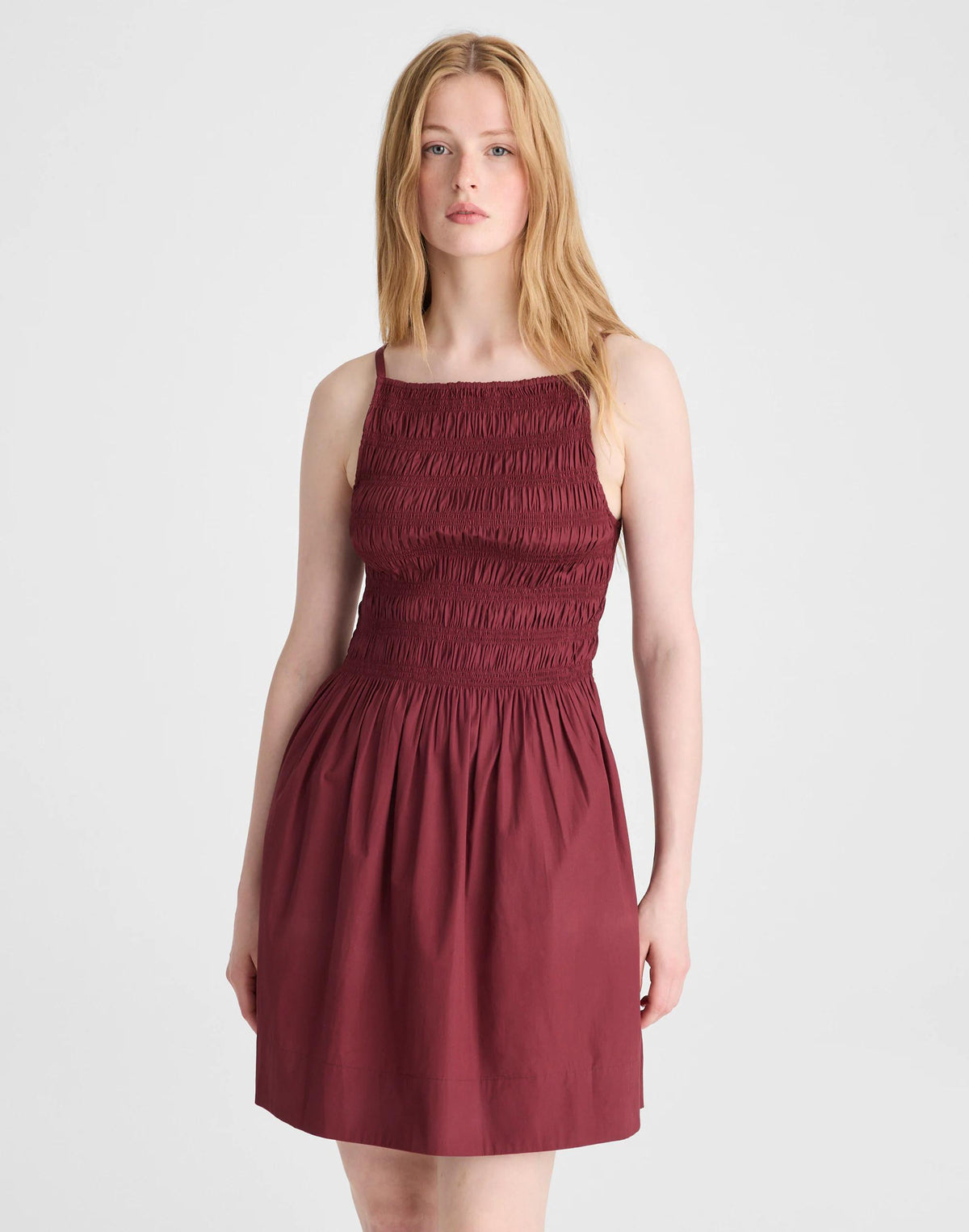 Madewell Smocked High-Neck Mini Dress Dusty Merlot