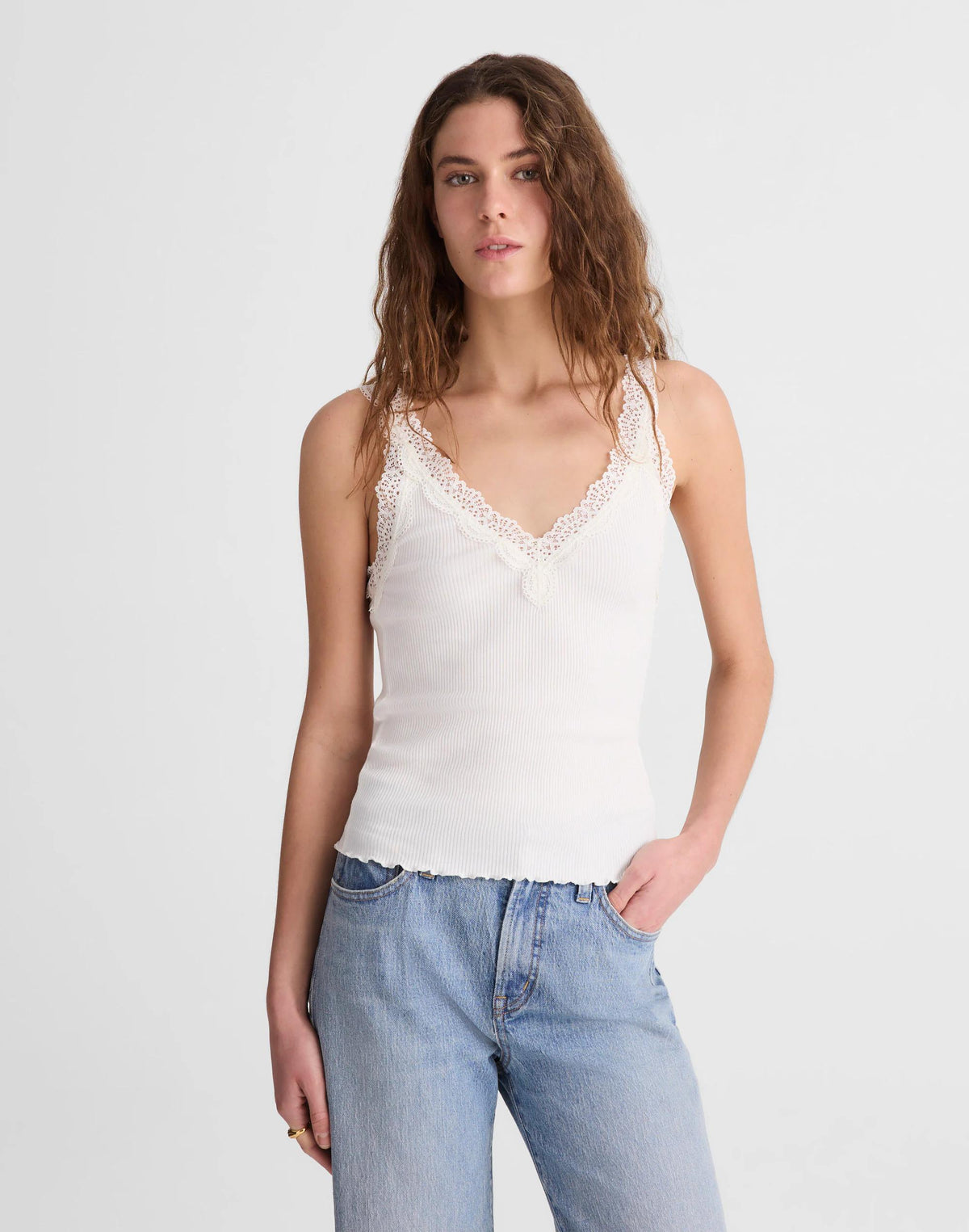 Madewell Lace-Trim Ribbed V-Neck Tank Winter White