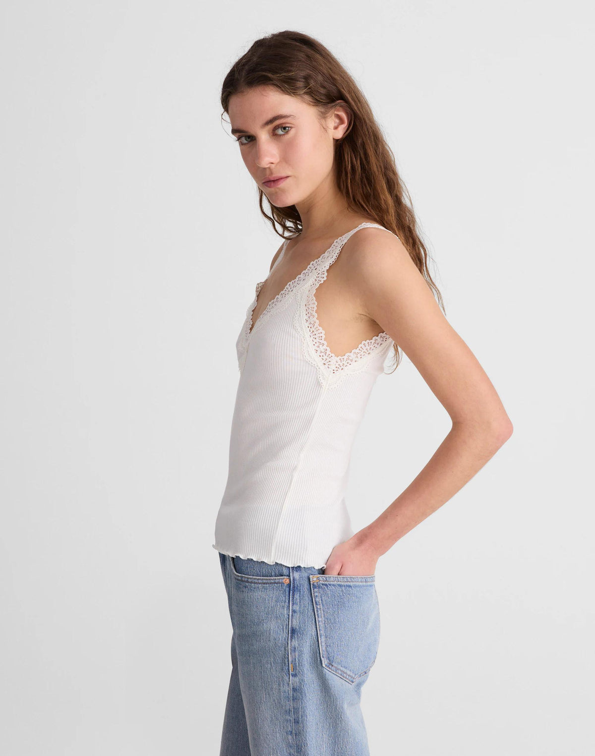 Madewell Lace-Trim Ribbed V-Neck Tank Winter White