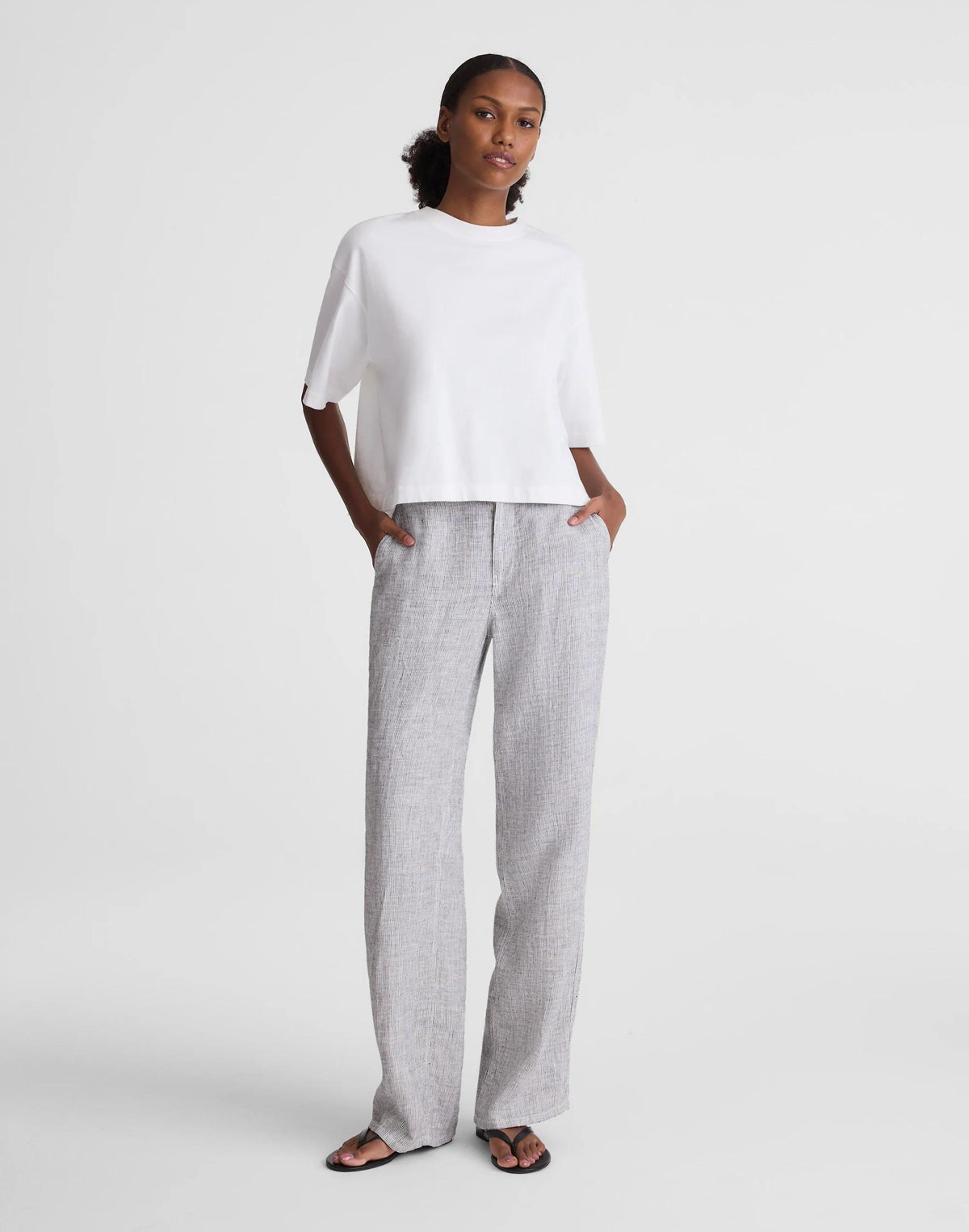 Madewell The Zoe Relaxed Straight Pant in 100% Linen Black White Mini Stripe
