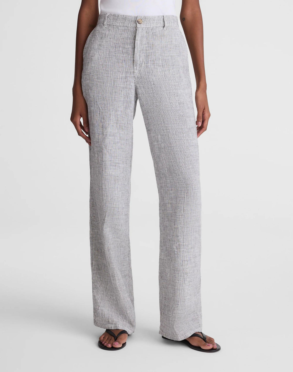 Madewell The Zoe Relaxed Straight Pant in 100% Linen Black White Mini Stripe