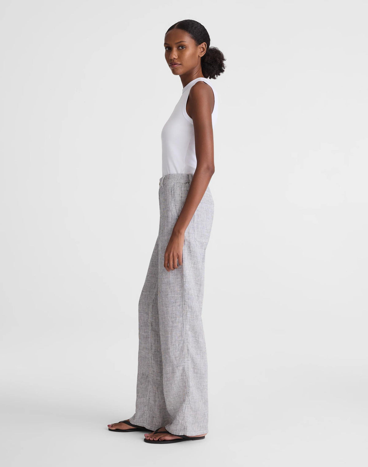 Madewell The Zoe Relaxed Straight Pant in 100% Linen Black White Mini Stripe
